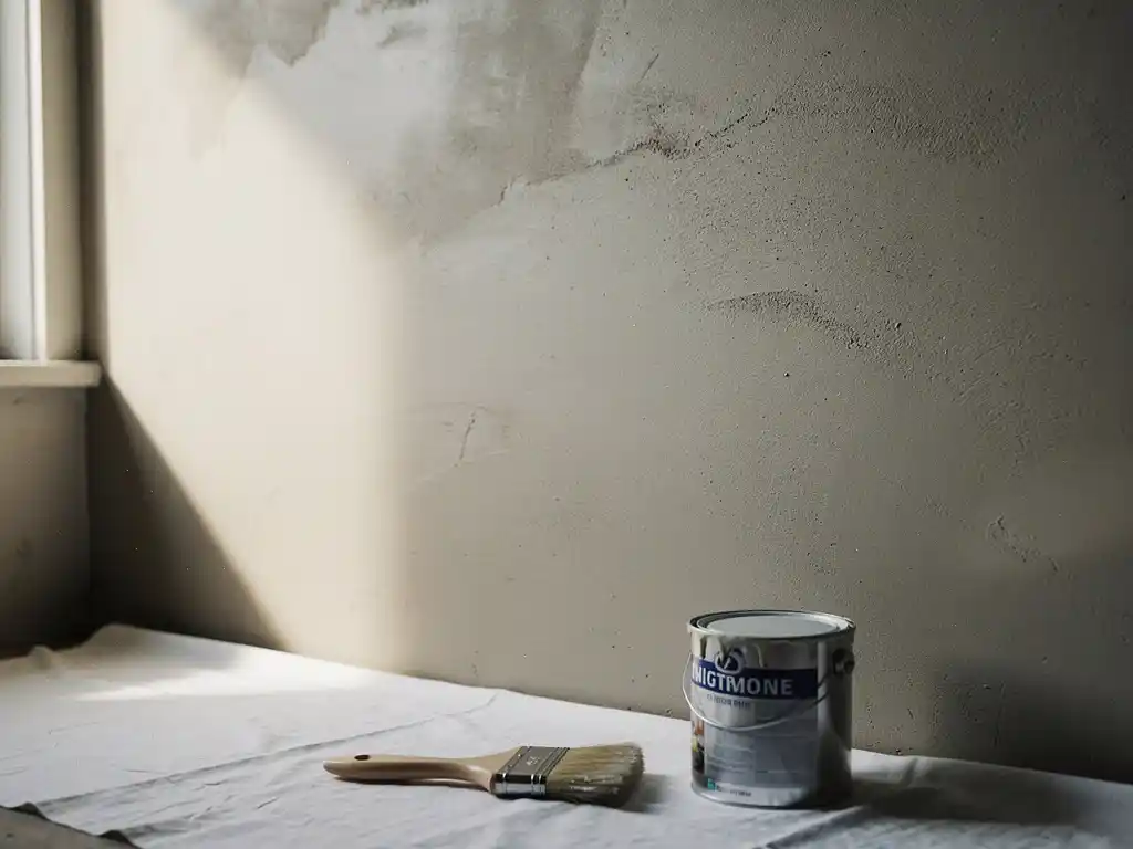 Gladgepleisterde binnenmuur met verfkwast en gesloten verfblik op doek, zacht daglicht werpt schaduwen op het droogend pleisterwerk.