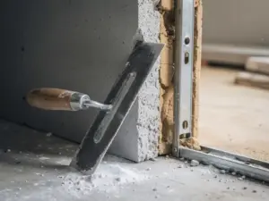 Metselspaan leunend tegen doorgezaagde wand met gipsblok en metalen stijlframe, fijn wit stofpoeder op betonvloer.
