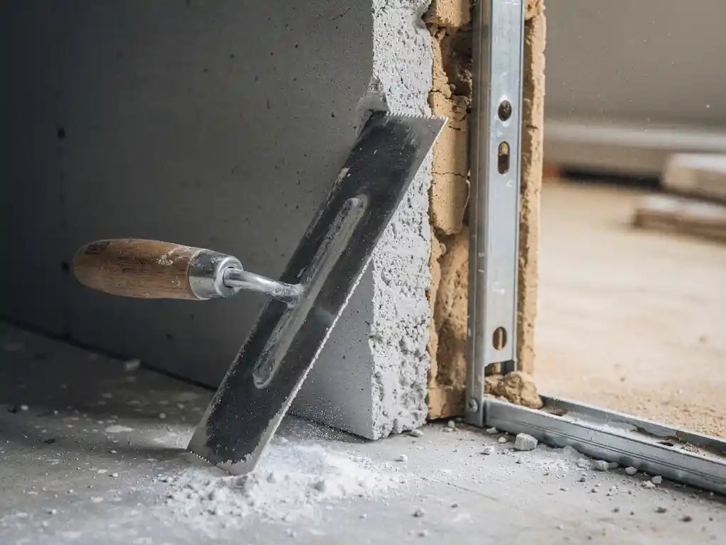 Metselspaan leunend tegen doorgezaagde wand met gipsblok en metalen stijlframe, fijn wit stofpoeder op betonvloer.