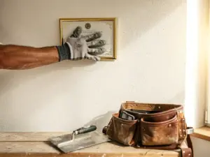 Gehandschoende hand van stukadoor die NOA-lidmaatschapscertificaat tegen gladde witte stucmuur houdt, met gereedschapsriem en troffels op steiger.