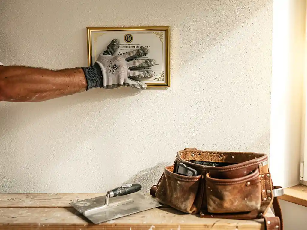 Gehandschoende hand van stukadoor die NOA-lidmaatschapscertificaat tegen gladde witte stucmuur houdt, met gereedschapsriem en troffels op steiger.