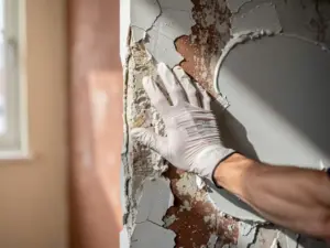 Gehandschoende hand die verse witte stucco aanbrengt op een verweerde muur, met zichtbaar contrast tussen oud en nieuw pleisterwerk.