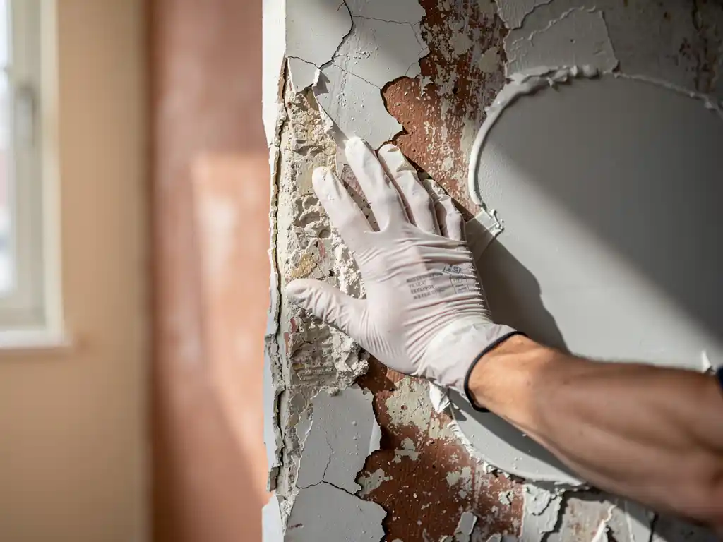 Gehandschoende hand die verse witte stucco aanbrengt op een verweerde muur, met zichtbaar contrast tussen oud en nieuw pleisterwerk.