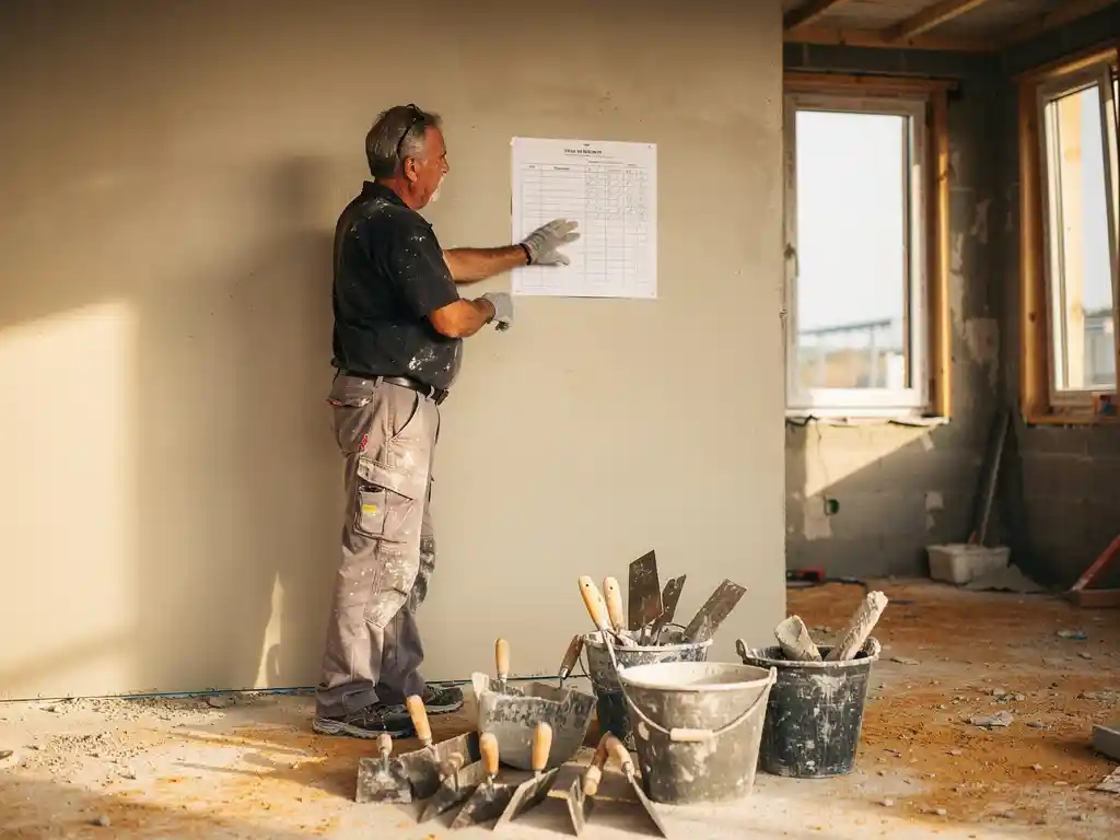 Stukadoor in werkkleding bekijkt handgetekend schema op vers gepleisterde muur, met troffels en emmers op actieve bouwplaats.