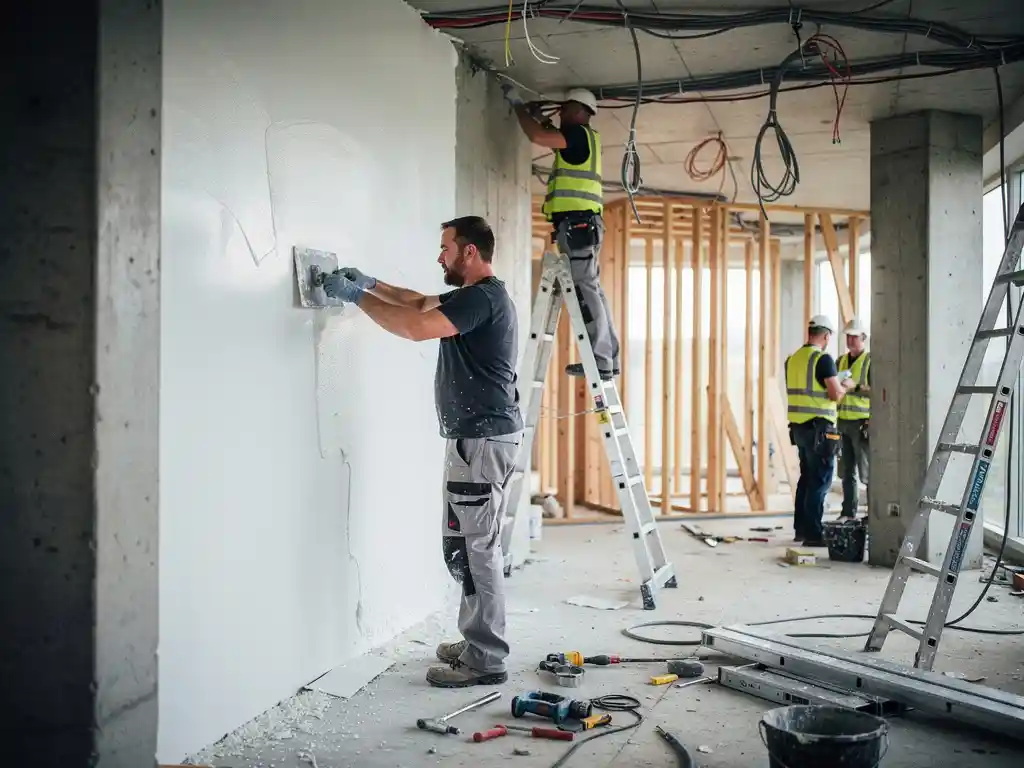 Stukadoor brengt glad wit stucwerk aan op een muur terwijl elektriciens en timmerlieden gelijktijdig werken in een open bouwruimte.