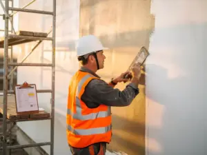 Stukadoor met witte helm en veiligheidsvest brengt glad stucwerk aan op een vers bepleisterde muur op een bouwplaats.