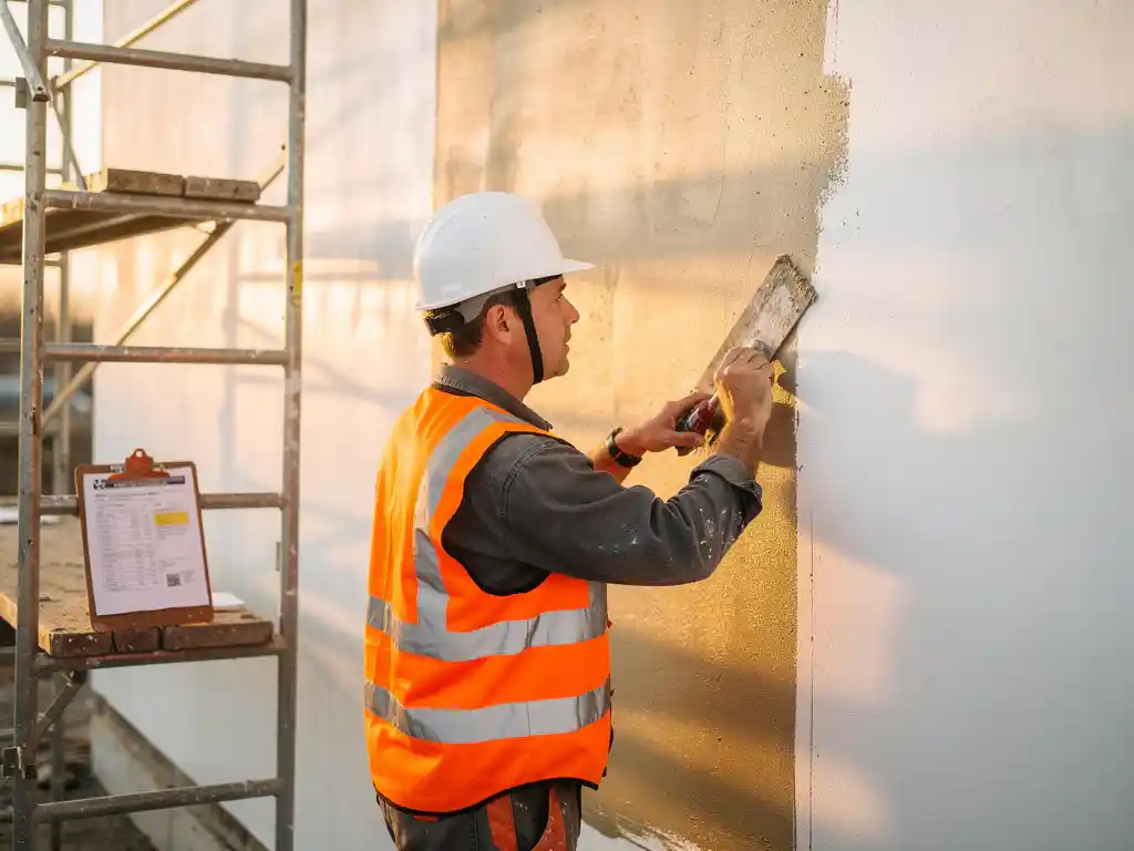 Stukadoor met witte helm en veiligheidsvest brengt glad stucwerk aan op een vers bepleisterde muur op een bouwplaats.