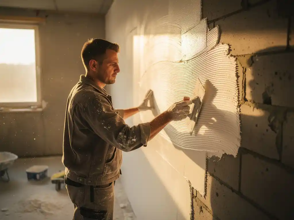Vakman die witte stucco aanbrengt op een binnenmuur met een troffel, fijn pleisterstof oplichtend in middagzon.