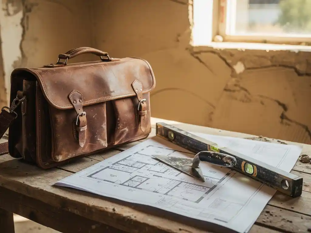 Versleten leren werktas van een stukadoor naast technische bouwtekeningen, troffel en waterpas op een bouwplaats.