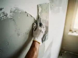 Gehandschoende hand die witte afwerklaag over grijze basislaag op binnenmuur strijkt, textuurcontrast tussen primer en topcoat zichtbaar.