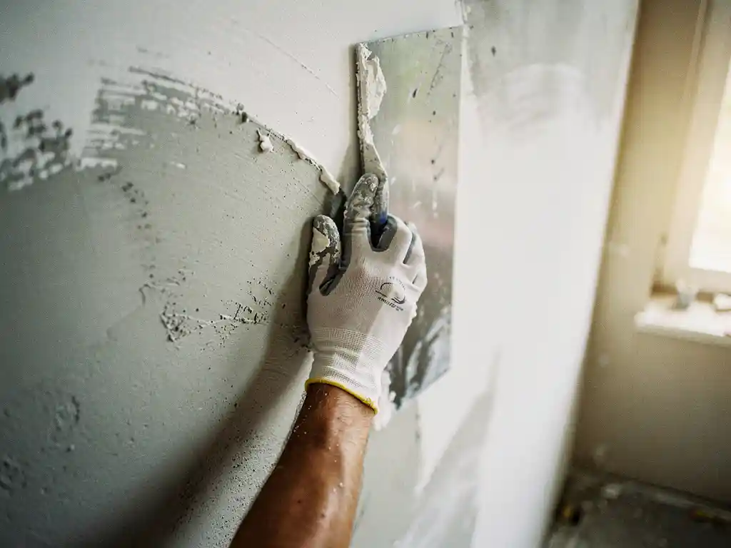 Gehandschoende hand die witte afwerklaag over grijze basislaag op binnenmuur strijkt, textuurcontrast tussen primer en topcoat zichtbaar.