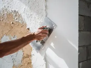 Stukadoor die gipsstuc aanbrengt op een nieuwbouwmuur met een gladde troffel, betonblokken zichtbaar aan de rand.