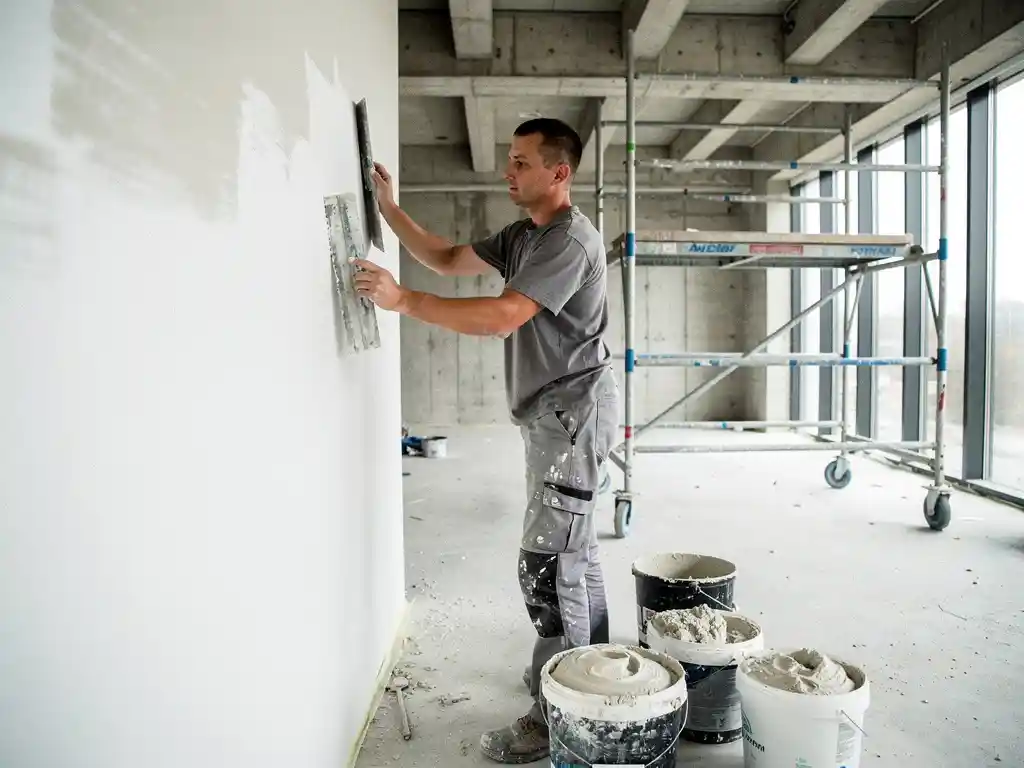 Vakman die een binnenmuur gladstrijkt met een stalen spatel, wit pleisterwerk contrasteert met ruw beton op een renovatielocatie.