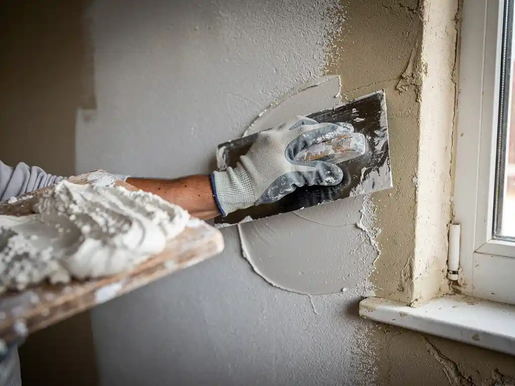 Gehandschoende hand die verse witte stucco gladstrijkt op een muur, met een houten spanplank vol pleistermix en zacht natuurlijk licht.