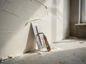 Verse pleistermuur met droogstructuur en vochtgradiënten, metselspaan ertegenaan, fijn wit stof op betonvloer, zacht daglicht.