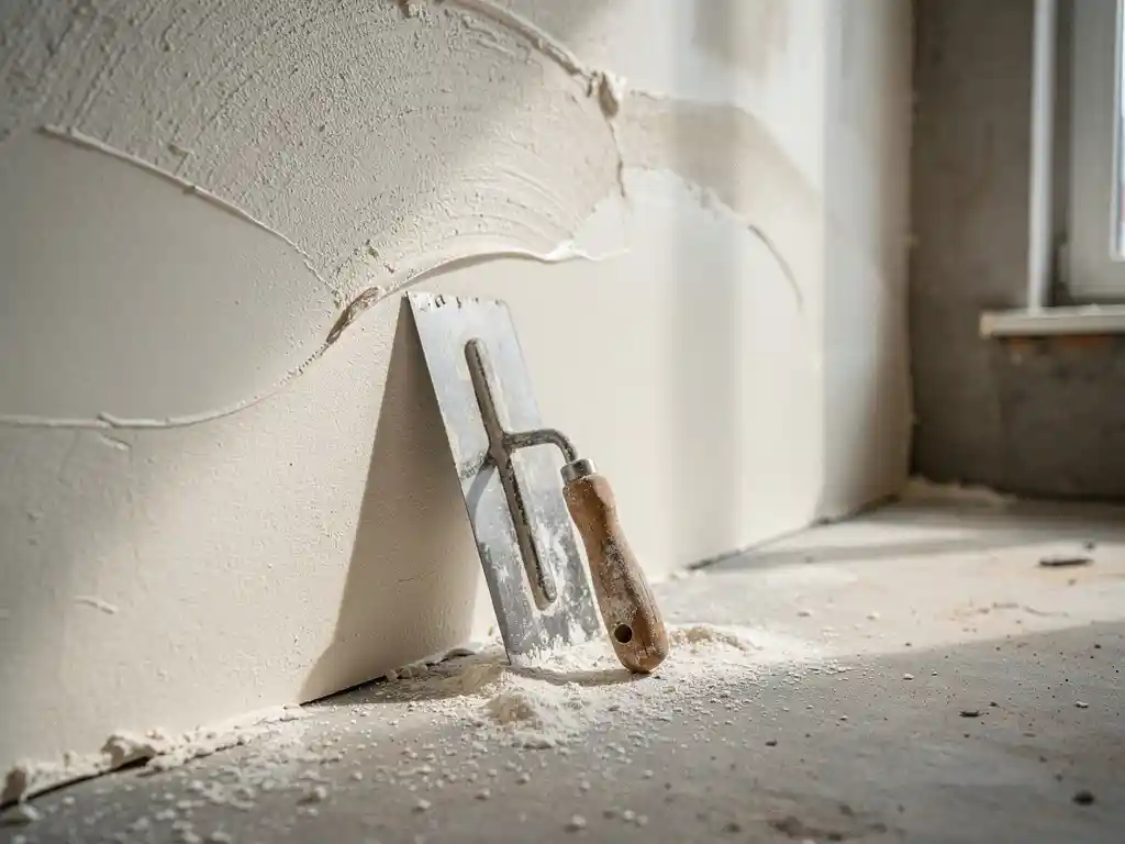 Verse pleistermuur met droogstructuur en vochtgradiënten, metselspaan ertegenaan, fijn wit stof op betonvloer, zacht daglicht.