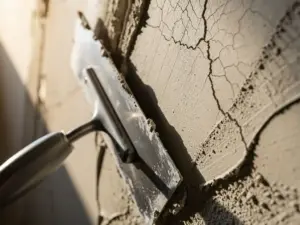 Metselspaan tegen een vers gepleisterde muur met haarscheurtjes en ongelijke plekken, verlicht door zijdelings natuurlijk licht.