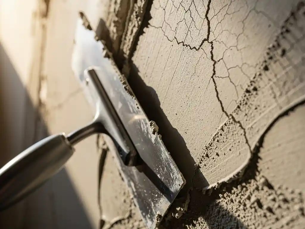 Metselspaan tegen een vers gepleisterde muur met haarscheurtjes en ongelijke plekken, verlicht door zijdelings natuurlijk licht.