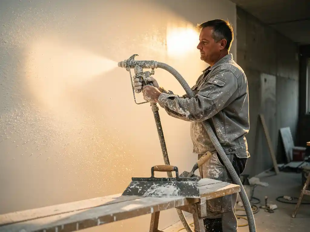 Vakman die met spuitmachine vers wit pleisterwerk aanbrengt op binnenmuur, hawk en troffel op steiger, bouwplaatsomgeving.
