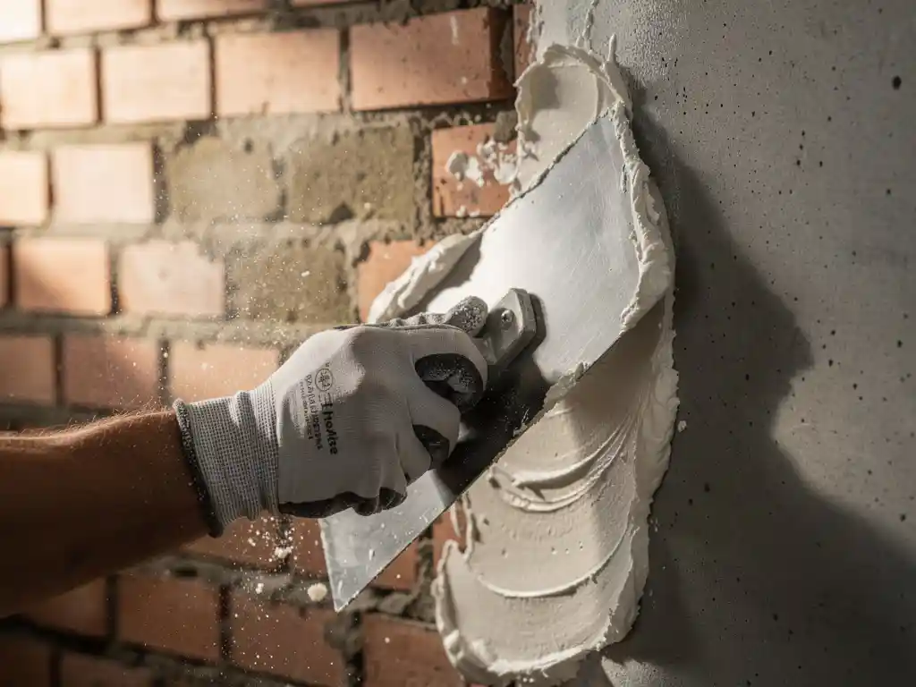 Gehandschoende hand die met een spatel verse witte stucco op een ruwe bakstenen muur aanbrengt naast een glad betonoppervlak.