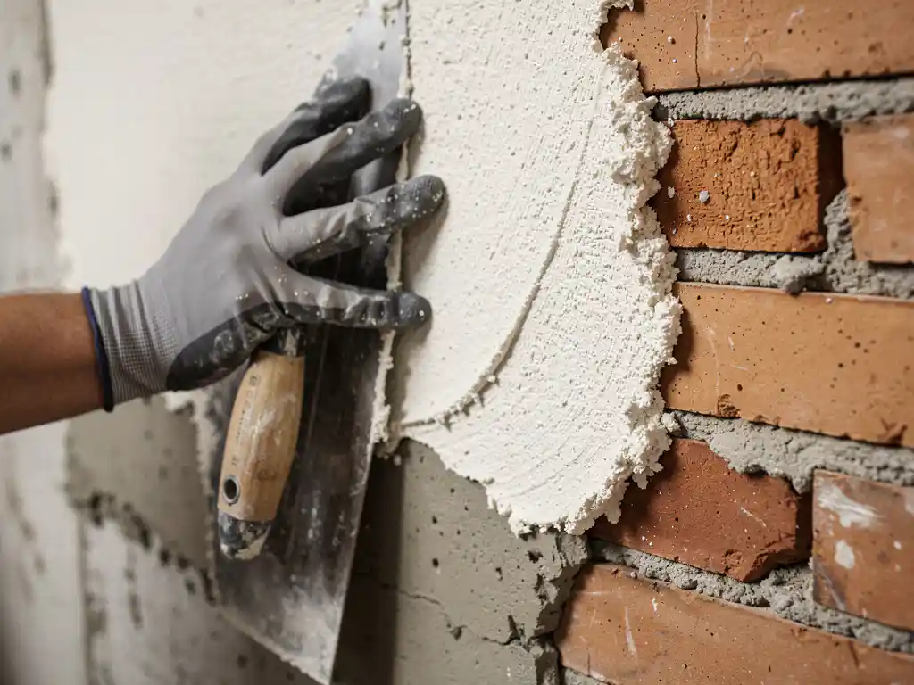 Gehandschoende hand die verse witte stucco op een ruwe betonnen muur aanbrengt, met zichtbaar bakstenen substraat en een pleisterspaan.