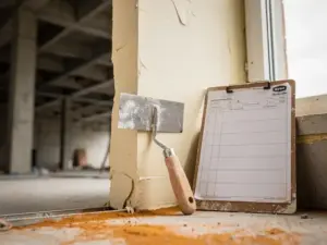 Stukadoorsspaan op vers gepleisterde binnenmuur in aanbouw, met betonnen kolommen en bouwplanning op klembord op de achtergrond.