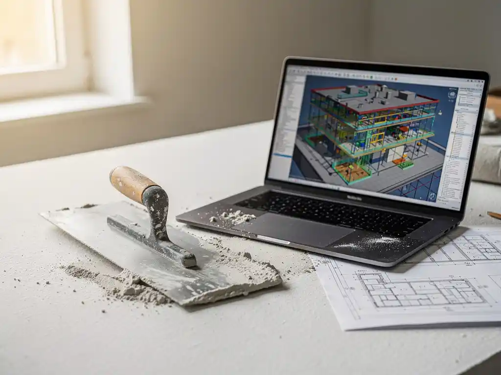 Versleten pleisterspaan op wit stucwerk naast laptop met 3D BIM-architectuurmodel, technische tekening en fijn pleisterstof op bureau.