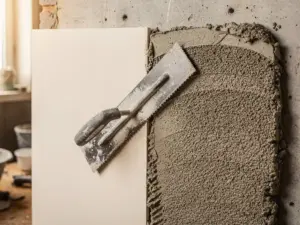 Metselspaan liggend op twee pleisterpanelen op betonnen muur: glad ivoorwit en ruw zandgrijs oppervlak naast elkaar.