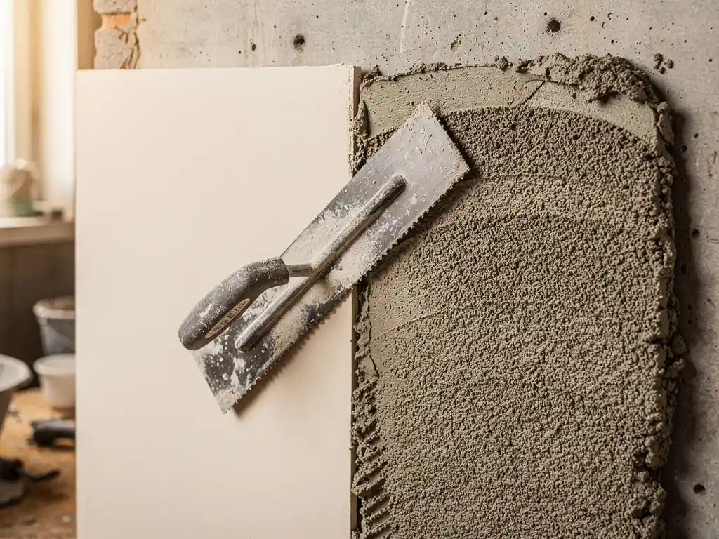 Metselspaan liggend op twee pleisterpanelen op betonnen muur: glad ivoorwit en ruw zandgrijs oppervlak naast elkaar.