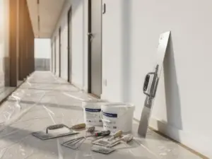 Metselspaan leunend tegen vers gepleisterde witte muur in moderne kantoorgang, met emmers gips en gereedschap op beschermfolie.