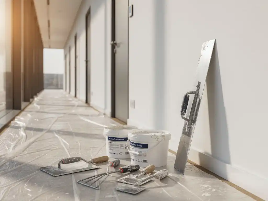 Metselspaan leunend tegen vers gepleisterde witte muur in moderne kantoorgang, met emmers gips en gereedschap op beschermfolie.