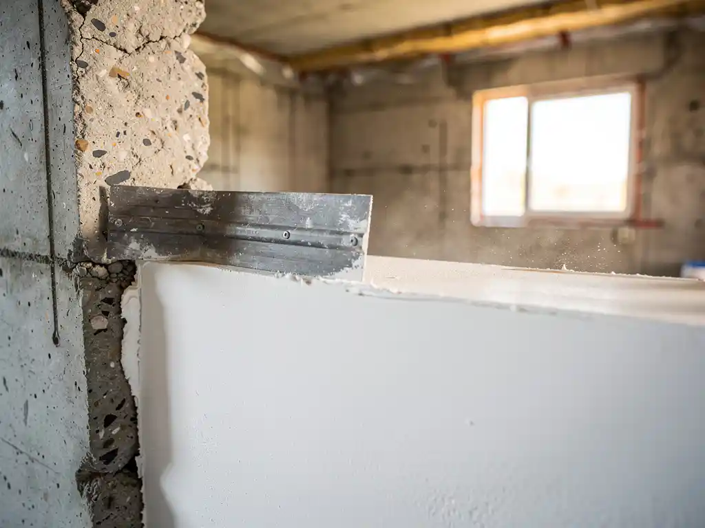 Metselspaan tegen vers gepleisterde muur in nieuwbouwruimte, gladde witte pleisterlaag naast ruw beton, warme bouwverlichting.