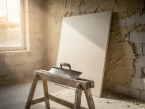 Gladde prefab wandpaneel tegen gedeeltelijk gepleisterde muur, met spaan en troffel op zaagbok in stoftig bouwlicht.