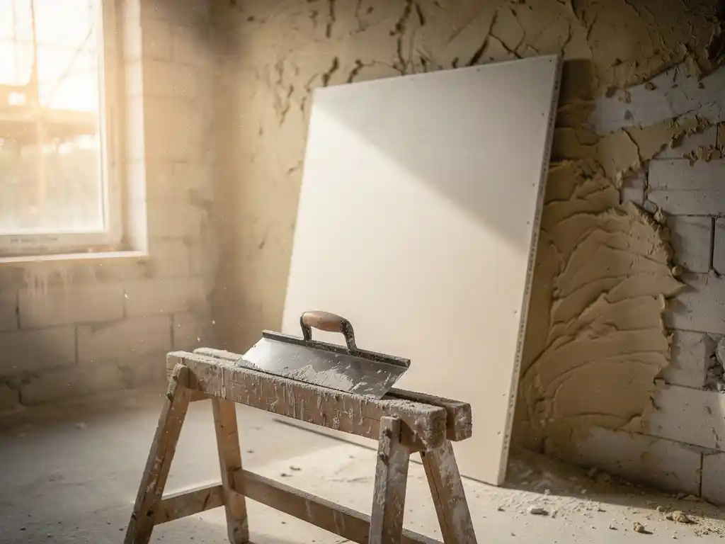 Gladde prefab wandpaneel tegen gedeeltelijk gepleisterde muur, met spaan en troffel op zaagbok in stoftig bouwlicht.