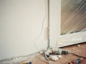 Haarscheur in wit gepleisterde muur bij deurkozijn, met stoftige boormachine en bouwpuin op de vloer eronder.