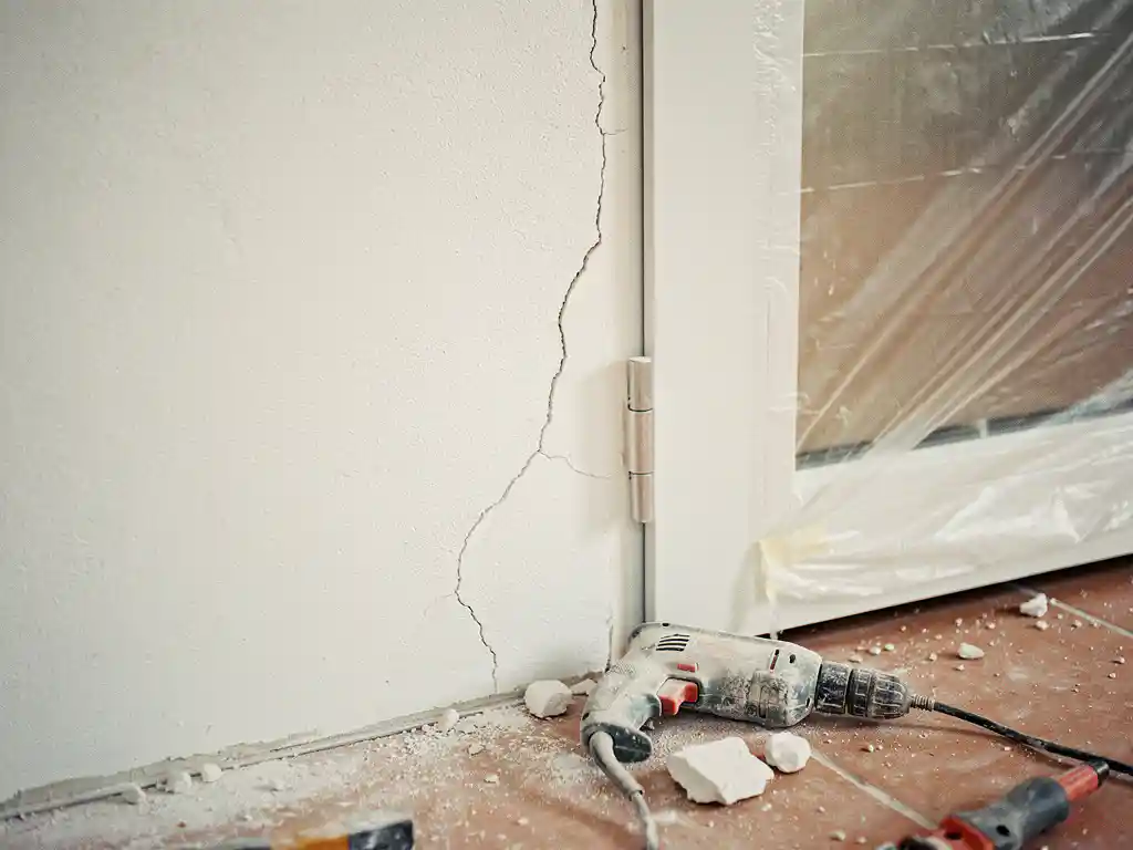 Haarscheur in wit gepleisterde muur bij deurkozijn, met stoftige boormachine en bouwpuin op de vloer eronder.