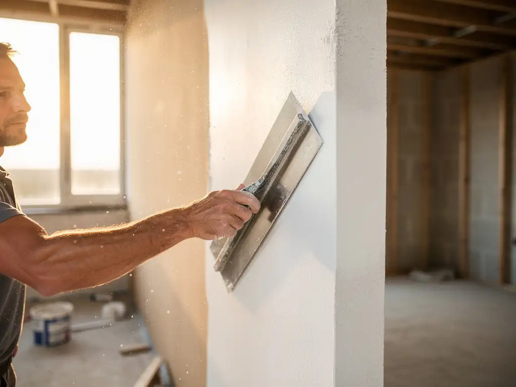 Vakman die witte stucwand gladstrijkt met staalspaan, fijn pleisterstof in goudkleurig middaglicht, moderne Nederlandse bouwplaats op de achtergrond.