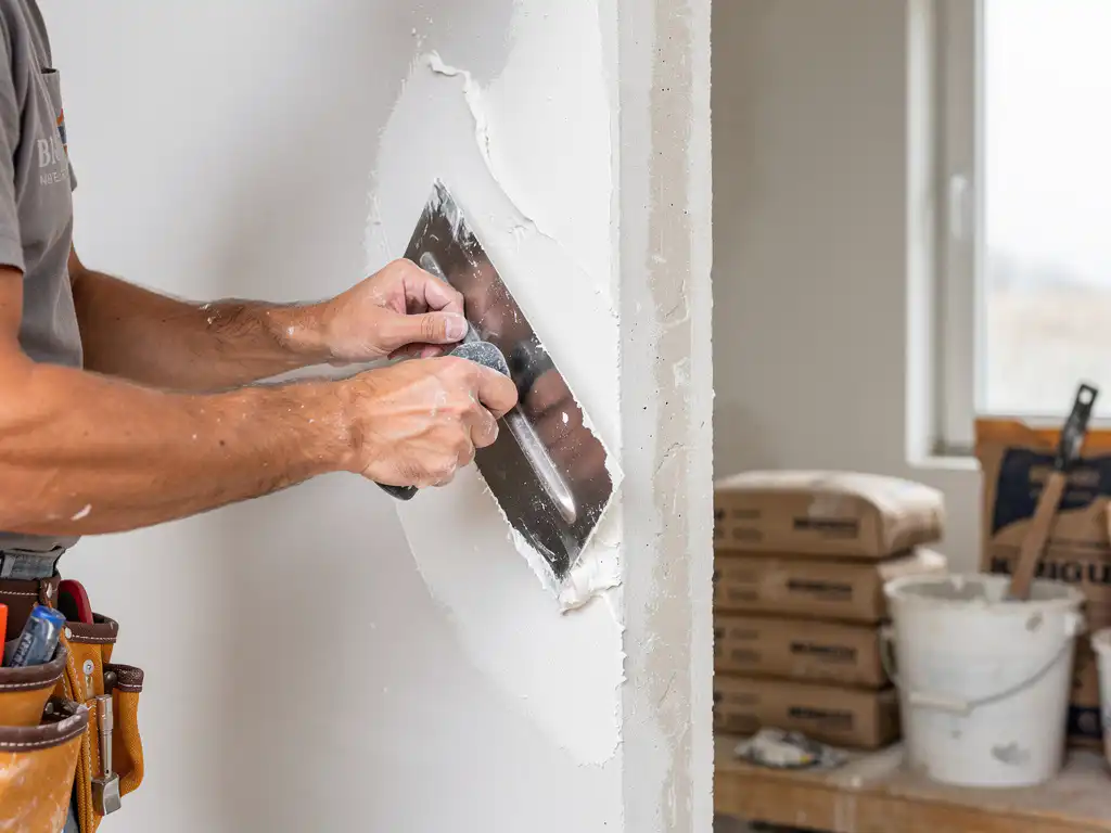 Stukadoor die verse witte stucco gladstrijkt op een muur met een professionele spatel, gereedschapsriem zichtbaar op achtergrond.