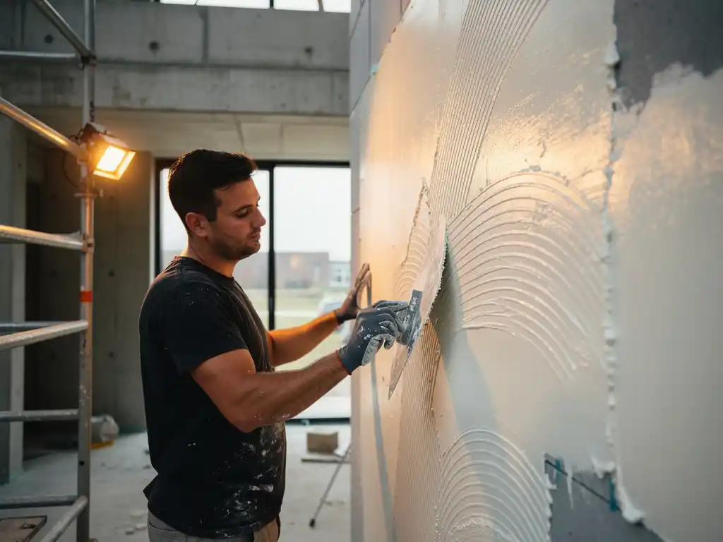 Stukadoor die verse witte stucco aanbrengt op een nieuwbouwmuur in Nederland, spaan in hand met zichtbare textuursporen.