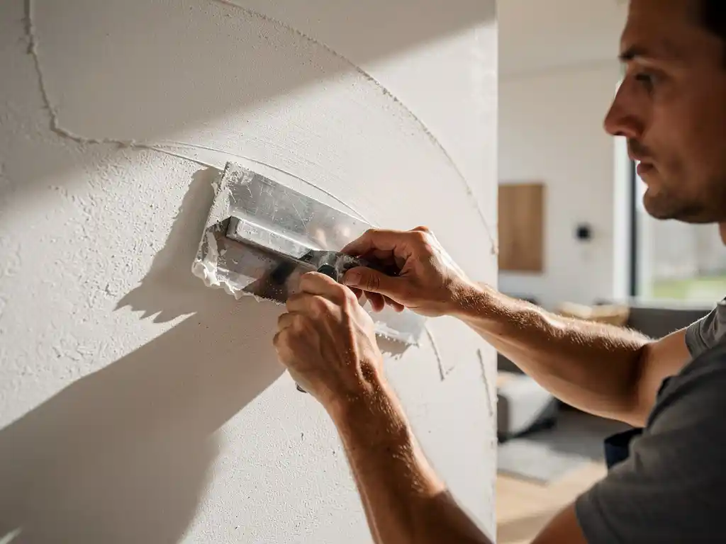 Vakman die witte stucco aanbrengt op een binnenlandse muur met een troffel, modern Nederlands interieur op de achtergrond.