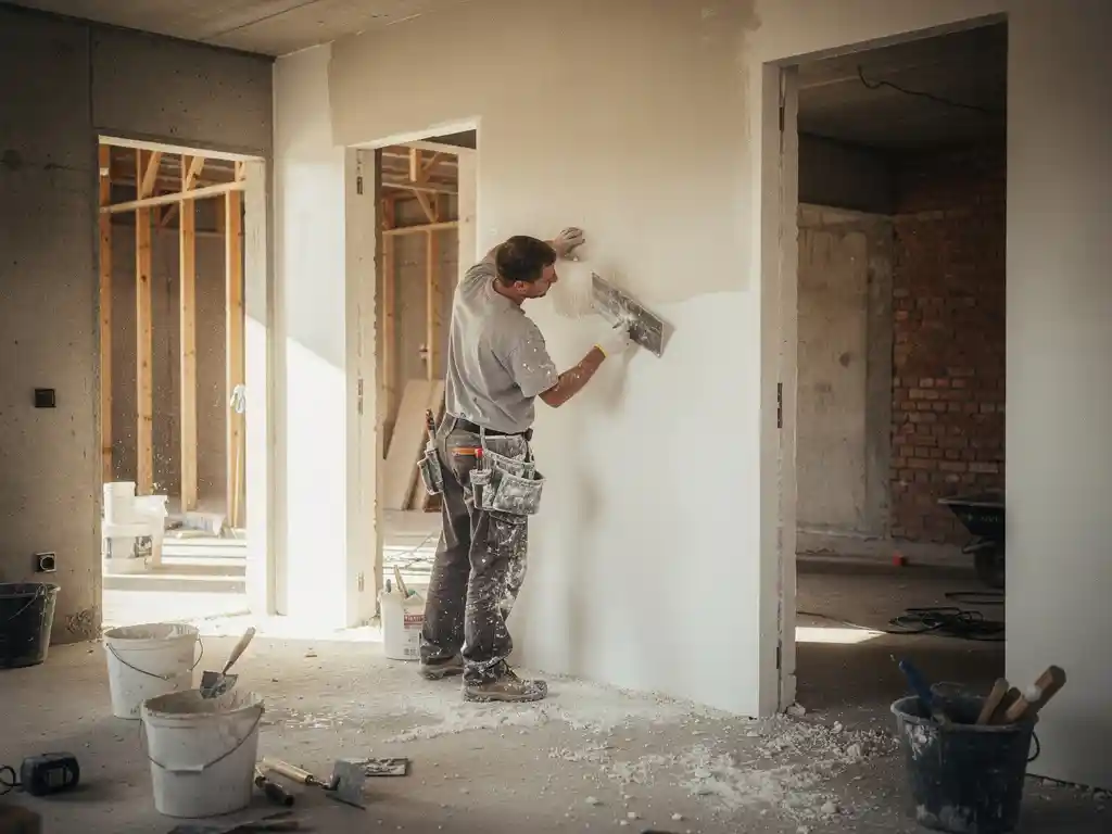 Stukadoor brengt glad wit stucwerk aan op een binnenmuur in een nieuwbouwwoning in aanbouw, met spanen en emmers op betonvloer.
