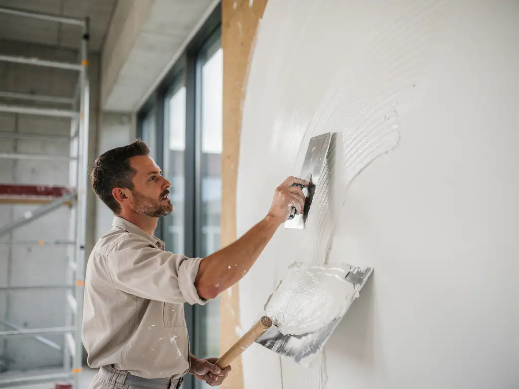 Stukadoor brengt witte stuclaag aan op grote binnenmuur van modern Nederlands appartementengebouw, troffel in hand, steigers op achtergrond.