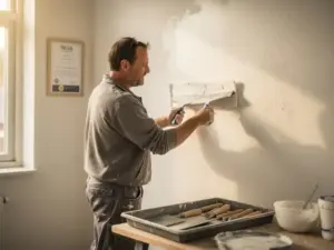Stukadoor brengt gladde stuclaag aan op witte muur, gereedschap op lade, NOA-certificaat zichtbaar op achtergrond.