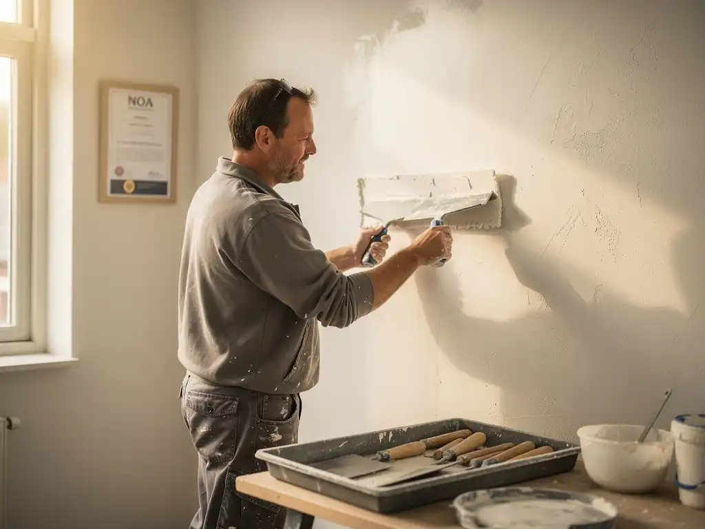 Stukadoor brengt gladde stuclaag aan op witte muur, gereedschap op lade, NOA-certificaat zichtbaar op achtergrond.