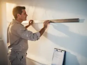 Stucadoor controleert gladde witte stucmuur met aluminium lat op oneffenheden, warm zijlicht accentueert de textuur.