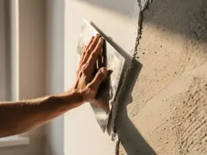 Stukadoor die gladde witte pleisterlaag aanbrengt op binnenmuur, met troffel en contrast tussen afgewerkt en ruw stucwerk.