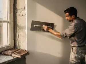Stukadoor die een brede spaan over een vers gepleisterde binnenmuur trekt, met betonnen muur en notitieboek op vensterbank op de achtergrond.