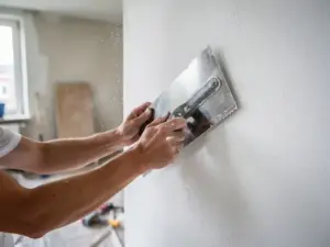 Stukadoor strijkt verse stuclaag glad op witte muur met stalen spatel, fijn stofwaas in het licht, Rotterdams appartement in renovatie.