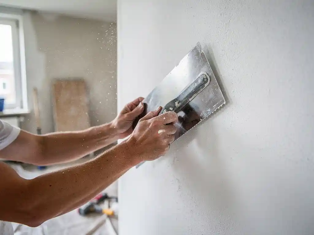 Stukadoor strijkt verse stuclaag glad op witte muur met stalen spatel, fijn stofwaas in het licht, Rotterdams appartement in renovatie.