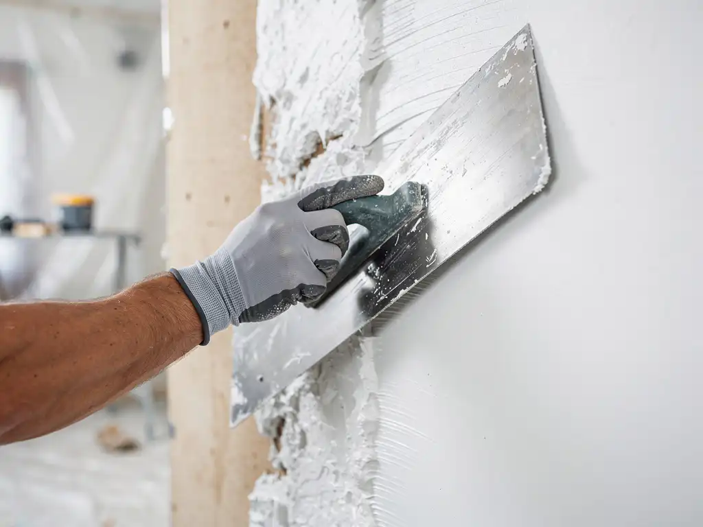 Gehandschoende hand van stukadoor die verse witte stucco gladstrijkt met een brede stalen spatel op een binnenmuur.